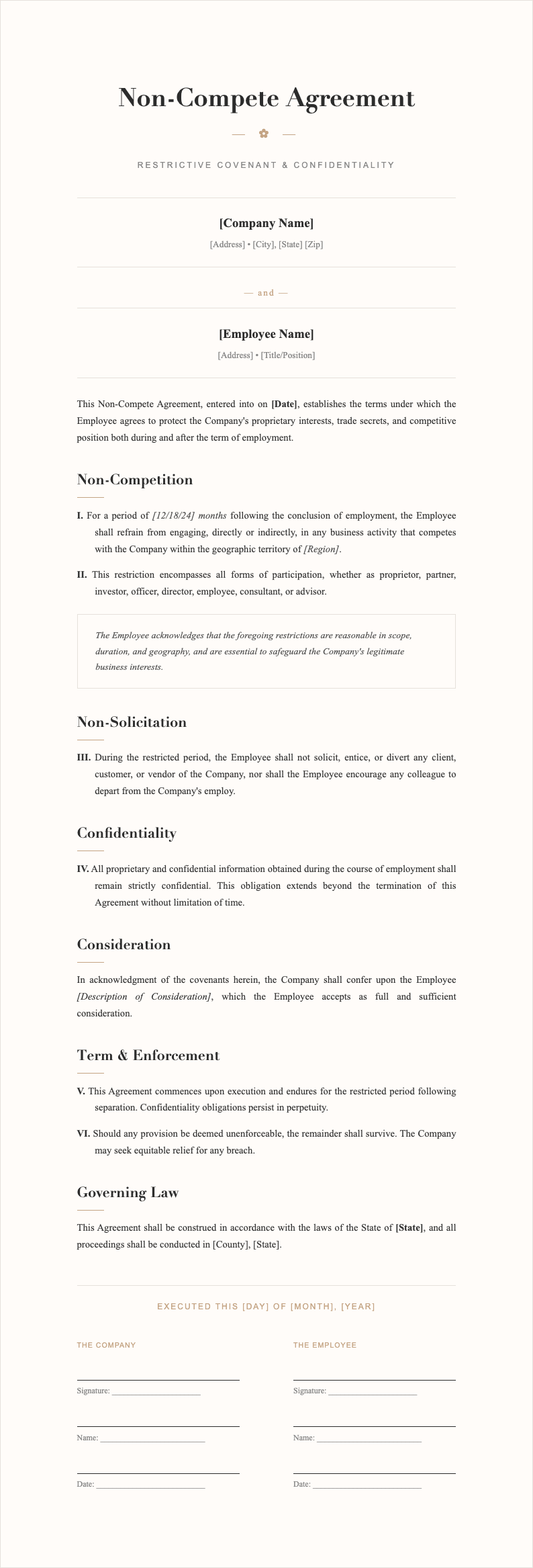 Elegant Sophisticated Non Compete Agreement